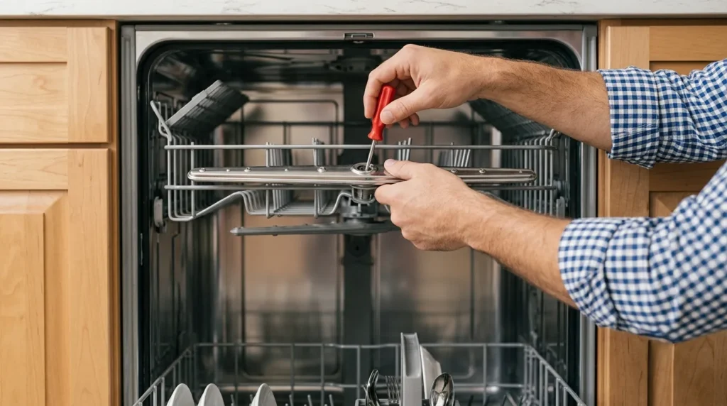 Technician repairing a dishwasher spray arm in a home kitchen in Abilene, TX