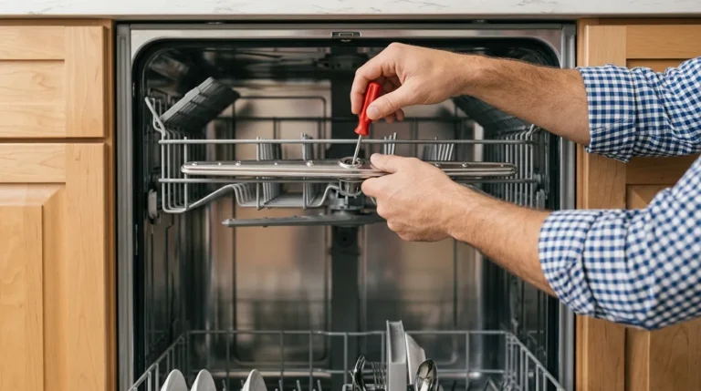 Technician repairing a dishwasher spray arm in a home kitchen in Abilene, TX