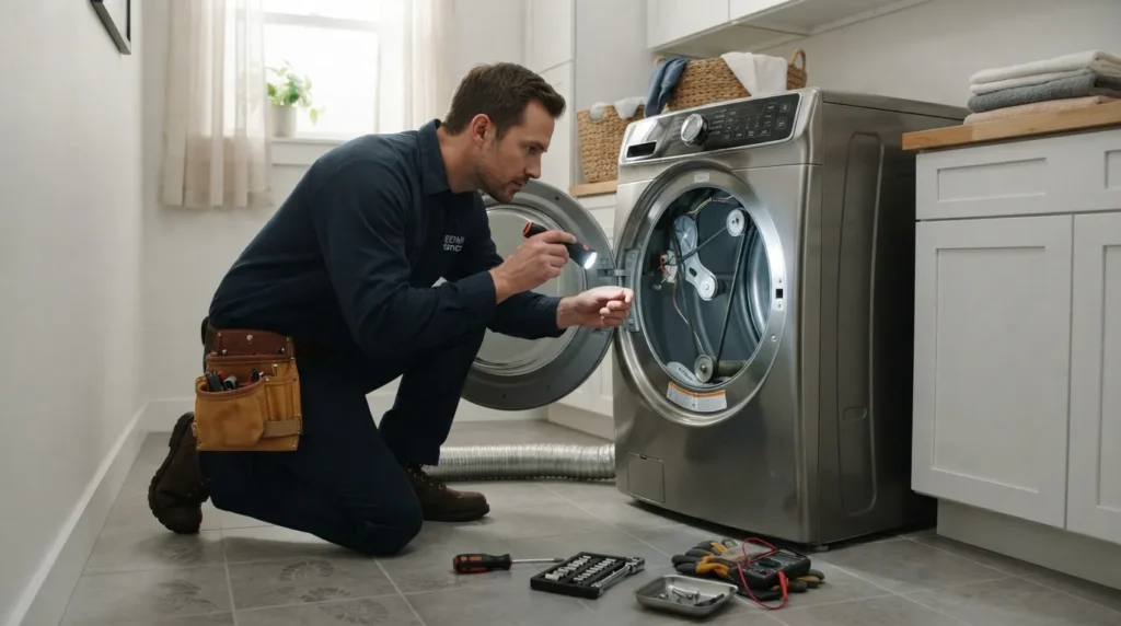 Professional appliance repair technician inspecting a dryer making strange noises 