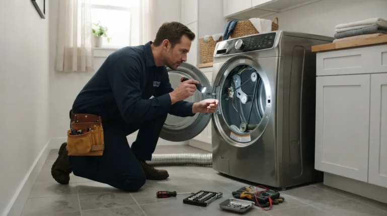 Professional appliance repair technician inspecting a noisy clothes dryer in Abilene, TX