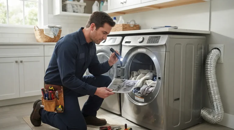 Appliance repair technician inspecting a dryer that takes too long to dry clothes in Abilene, TX