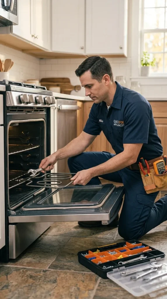 Appliance repair technician replacing a faulty oven heating element during an oven repair service in Abilene, TX.
