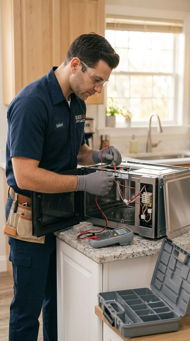 Technician performing microwave repair in Abilene on a countertop microwave oven.