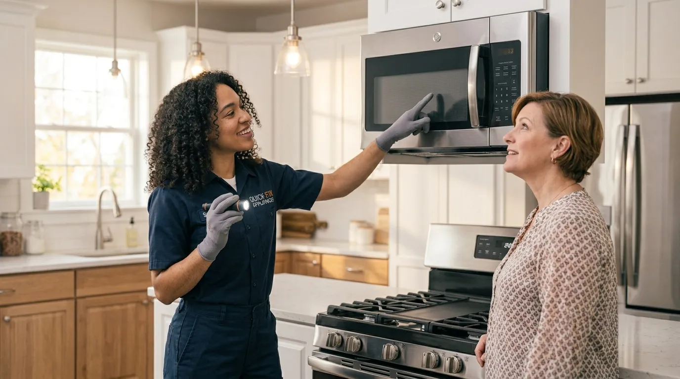 Microwave repair technician assisting a homeowner with microwave repair service in Abilene.