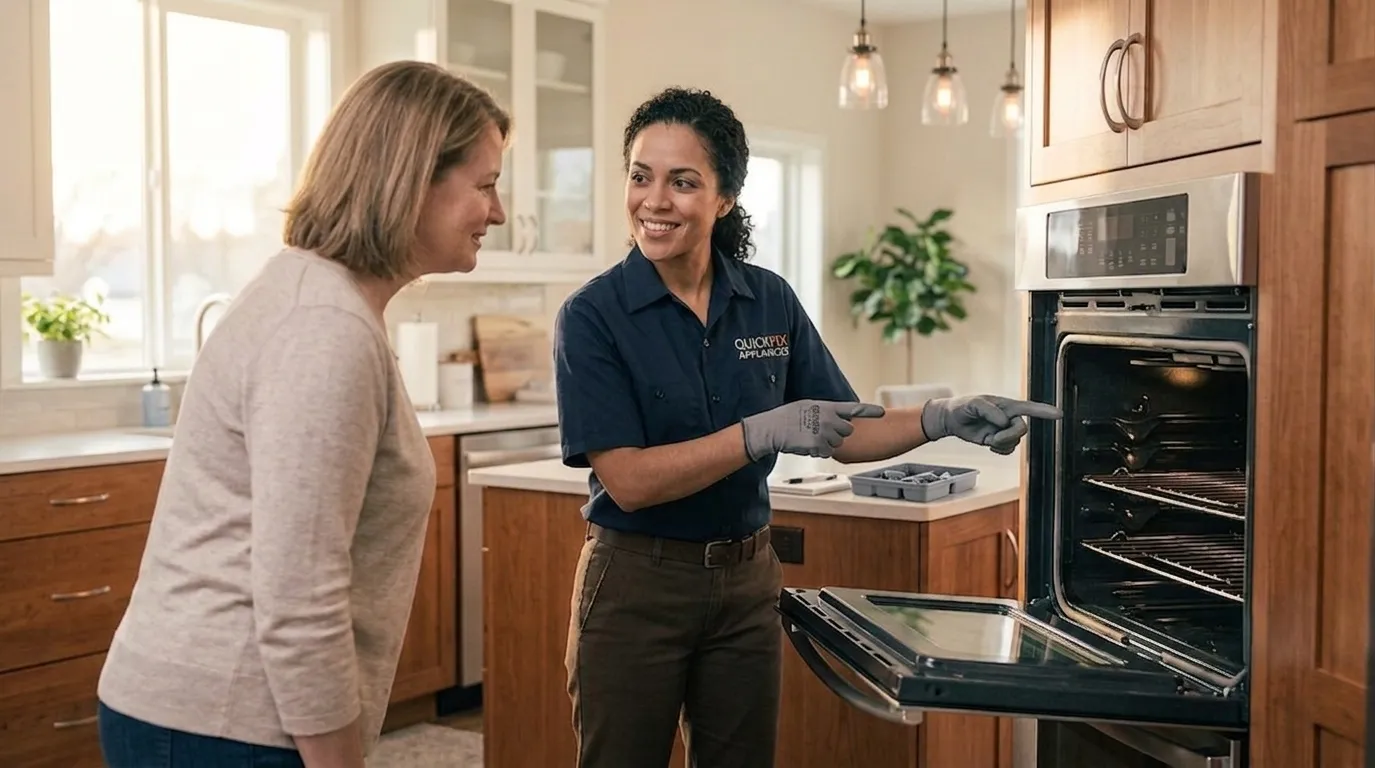 Oven repair technician explaining the completed repair to a homeowner after servicing a built-in oven in Abilene, TX.