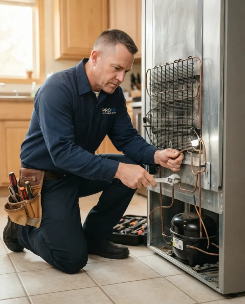 Image 1: Refrigerator repair technician fixing cooling system in Abilene TX