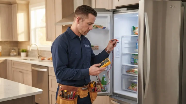 Refrigerator repair technician checking the refrigerator not cooling with multimeter in Abilene