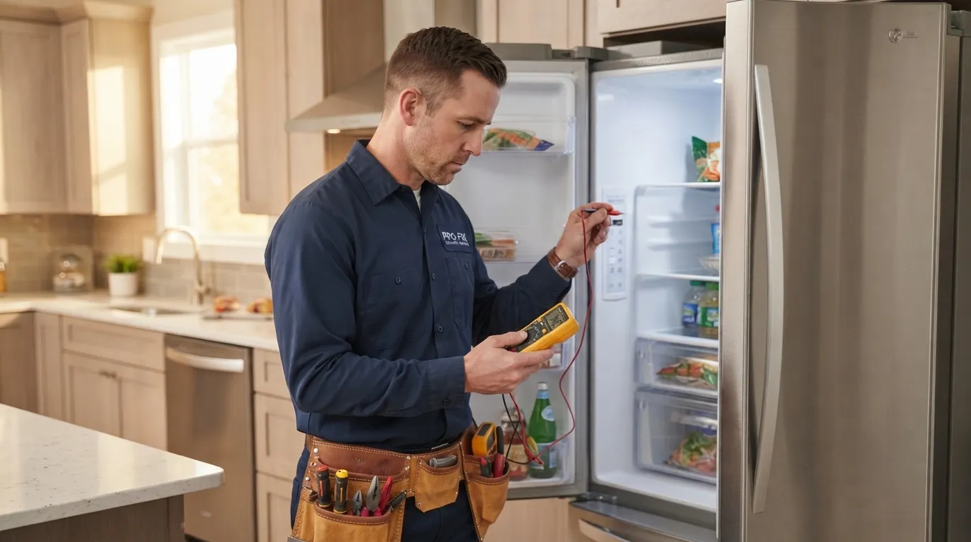Refrigerator repair technician checking the refrigerator not cooling with multimeter in Abilene