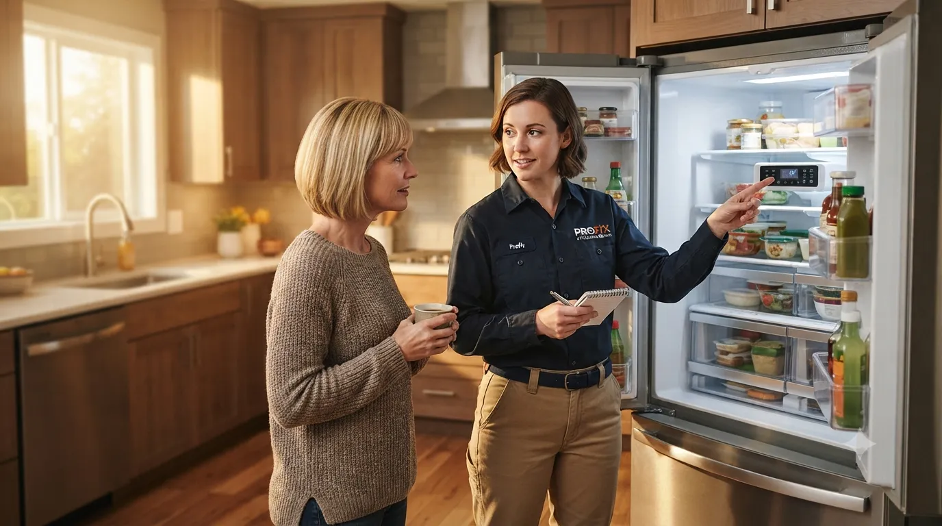 Refrigerator repair technician explaining fridge issue to customer in Abilene TX