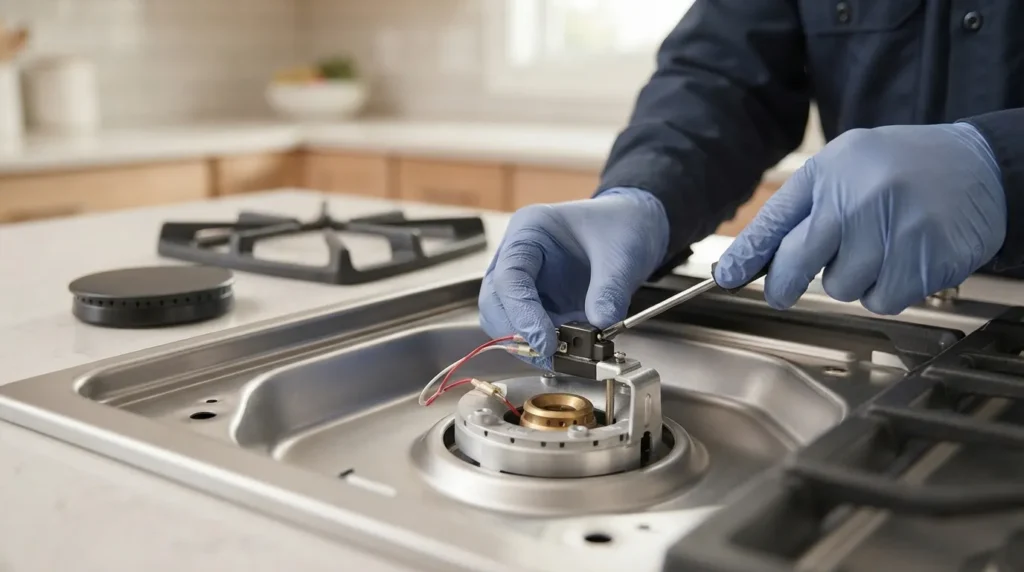 Technician fixing a faulty gas stove burner during professional stove repair in Abilene.