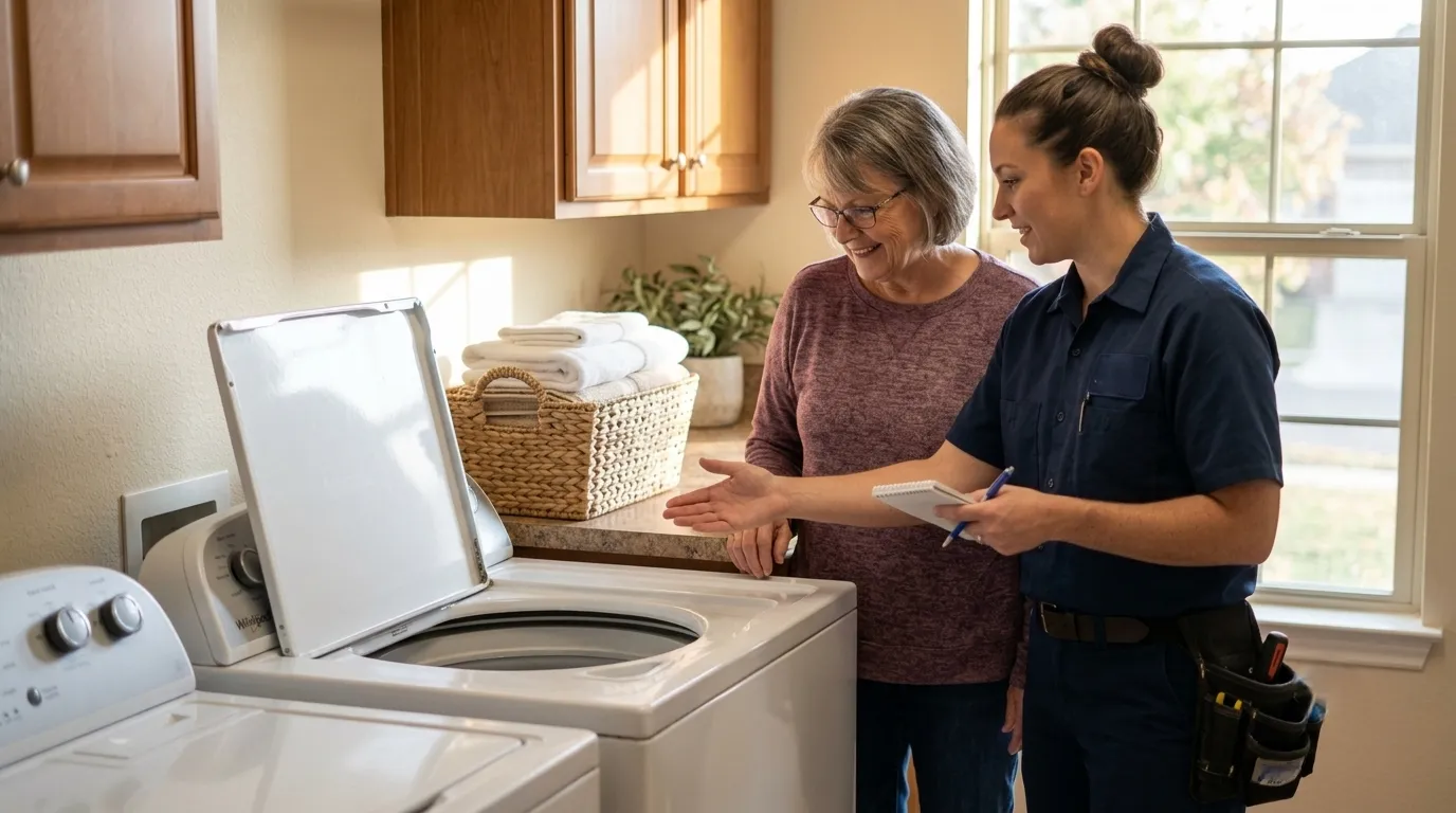 Washer repair technician explaining a washing machine issue to a customer in Abilene, TX.