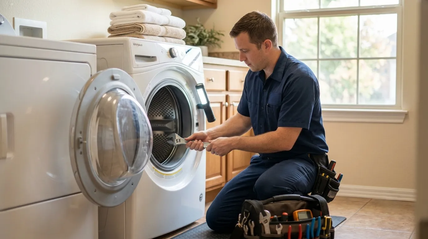 Technician repairing a front-load washing machine during a washer repair service in Abilene, TX.