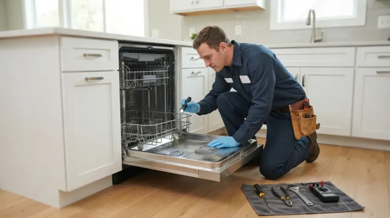 Professional appliance repair technician inspecting a dishwasher that is not draining in Abilene, TX