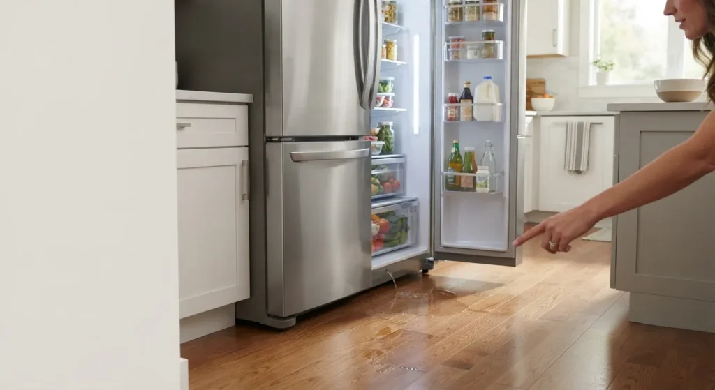 Refrigerator leaking water onto the kitchen floor due to a common appliance problem.