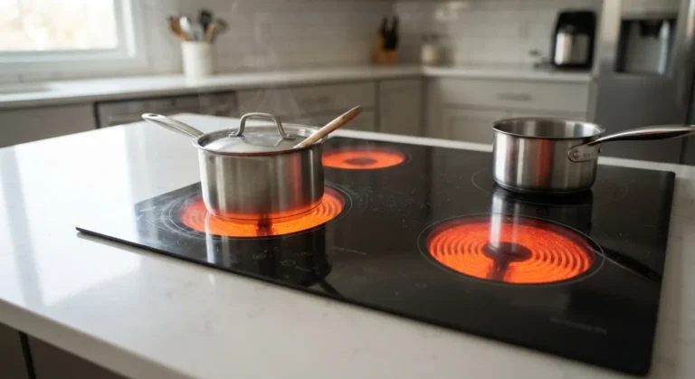 Electric glass-top stove with multiple burners heating and cookware on the cooking surface.