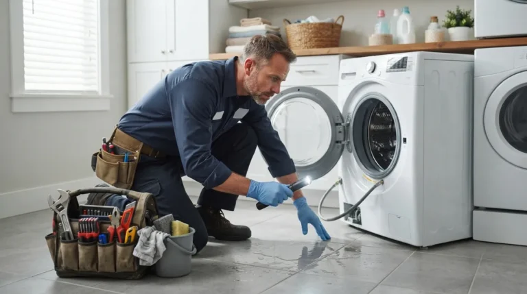 Professional appliance repair technician inspecting a washing machine leaking water in Abilene, TX