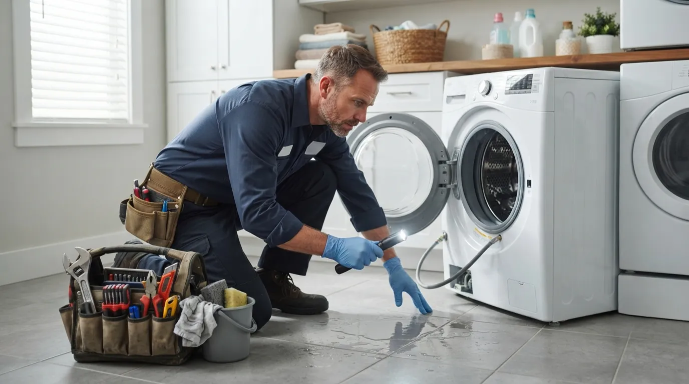 Professional appliance repair technician inspecting a washing machine leaking water in Abilene, TX